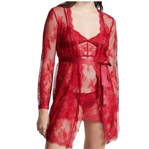 NWOT Victoria’s Secret fishnet lingerie robe slip and thong set burgundy XS/S